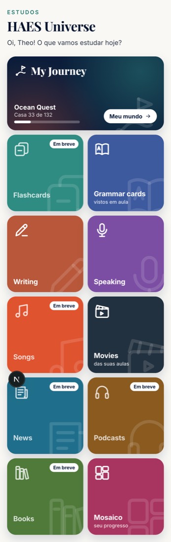Tela real da Pratike Universe no celular: My Journey, Flashcards, Grammar cards, Writing, Speaking, Songs, Movies, News, Podcasts, Books e Mosaico